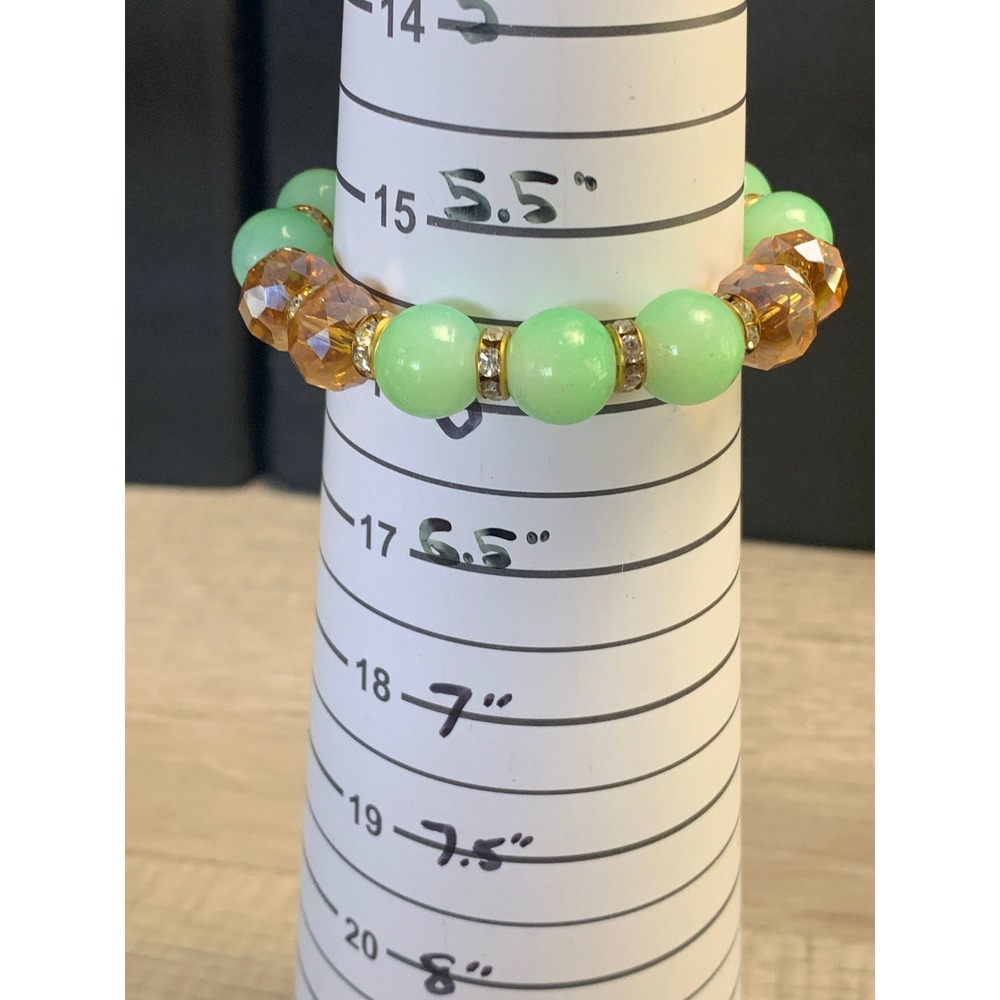 Mint Green and Amber Beaded Stretch Bracelet with Rhinestone Spacers 4520 - Picture 5 of 6